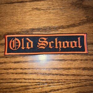 Old English font embroidered Biker Old School patch orange lettering and border